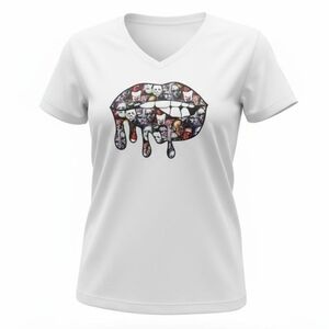 **Custom** Gildan White V-Neck Top with Graphic Halloween Horror Lips Design